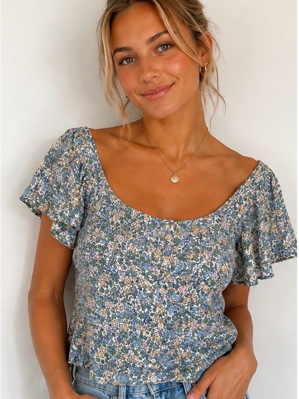 Old Navy Petite Floral Flutter Sleeve Button-Front Blouse XSP
